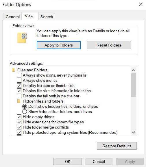 Tick vào các mục trong phần Hidden files and Folders