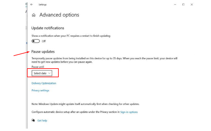 Tại Pause updates -> Chọn Pause until -> Chọn vào mục Select date