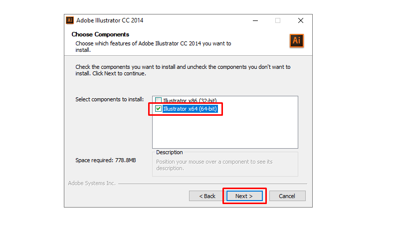 Chọn Illustrator x64 (64bit) và nhấn "Next"