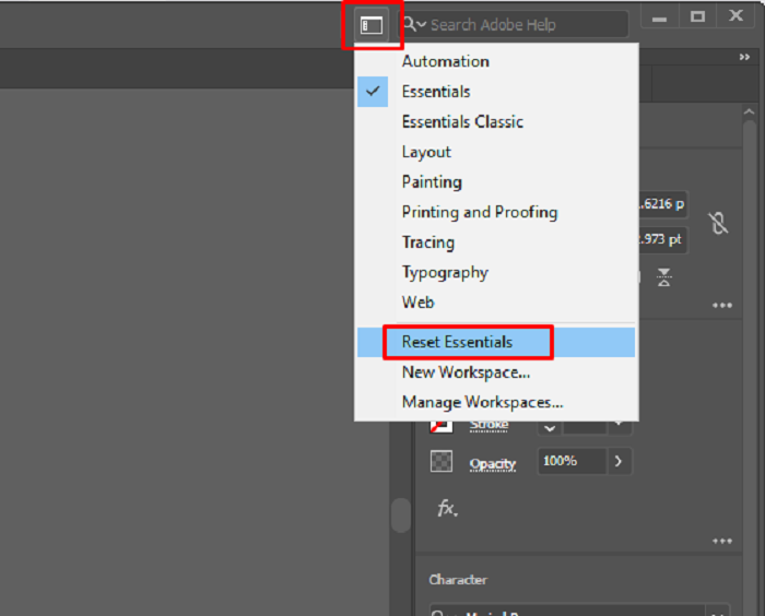 Nhấp vào biểu tượng Workspace, di chuột xuống và chọn Reset Essentials.