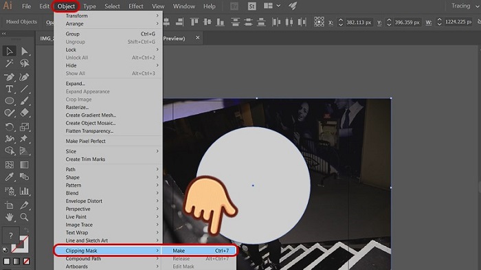 Chọn Object > Clipping Mask > chọn Make (phím tắt Ctrl + 7)