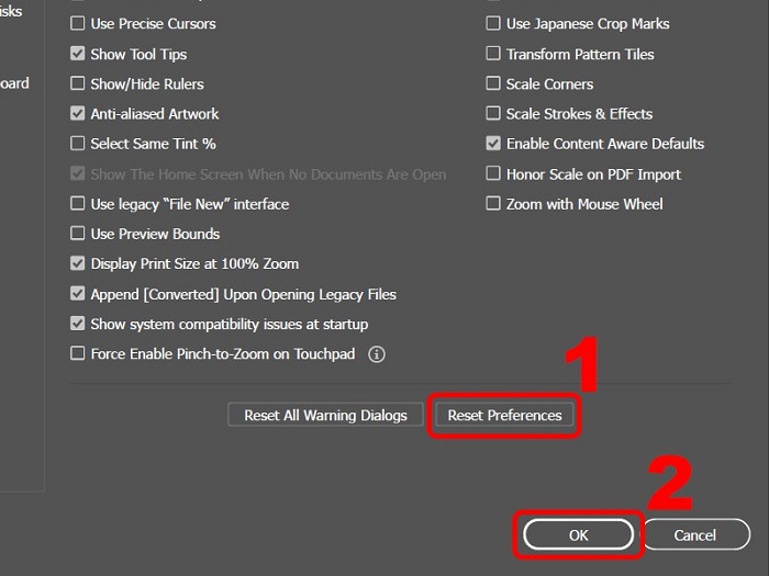 Chọn Reset Preferences và nhấn OK