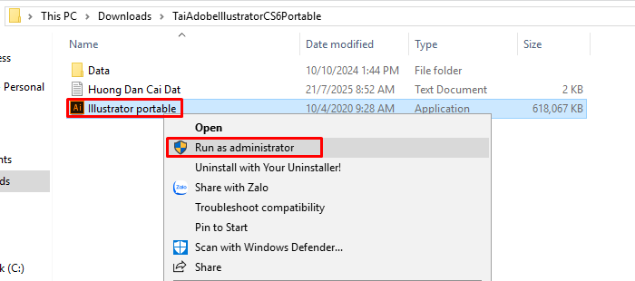 Chạy tệp có tên "Illustrator portable" hoặc tương tự với quyền quản trị viên