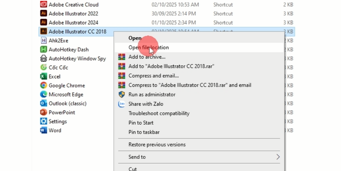 Chọn Open file location
